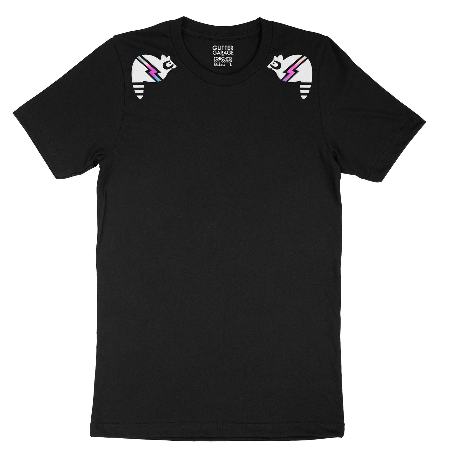 black unisex tee with white small graphic raccoons with holographic lightning bolts on shoulders - by BBJ Glitter Garage