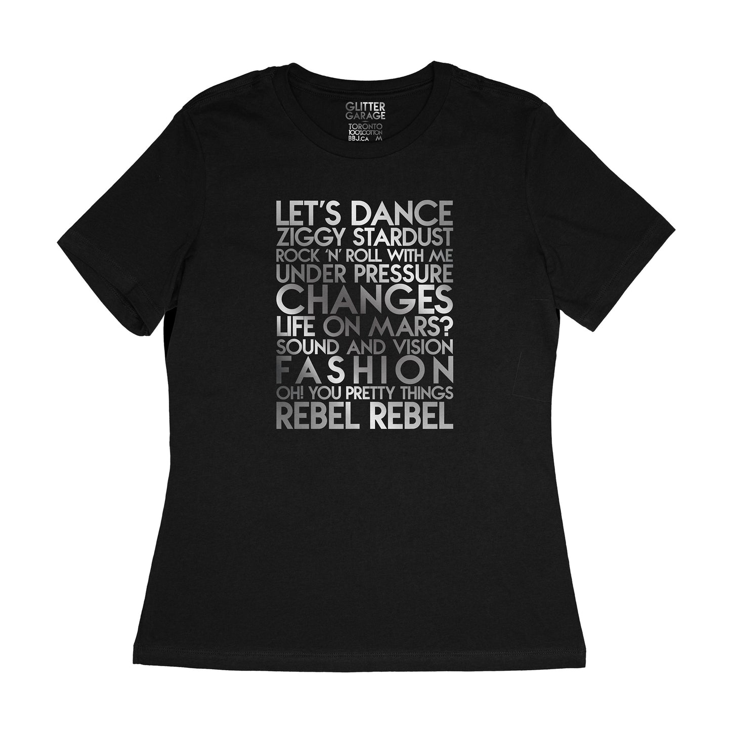 David Bowie song titles - house - black silver chrome text on black women's t-shirt - Customizable YourTen David Bowie tee by BBJ / Glitter Garage
