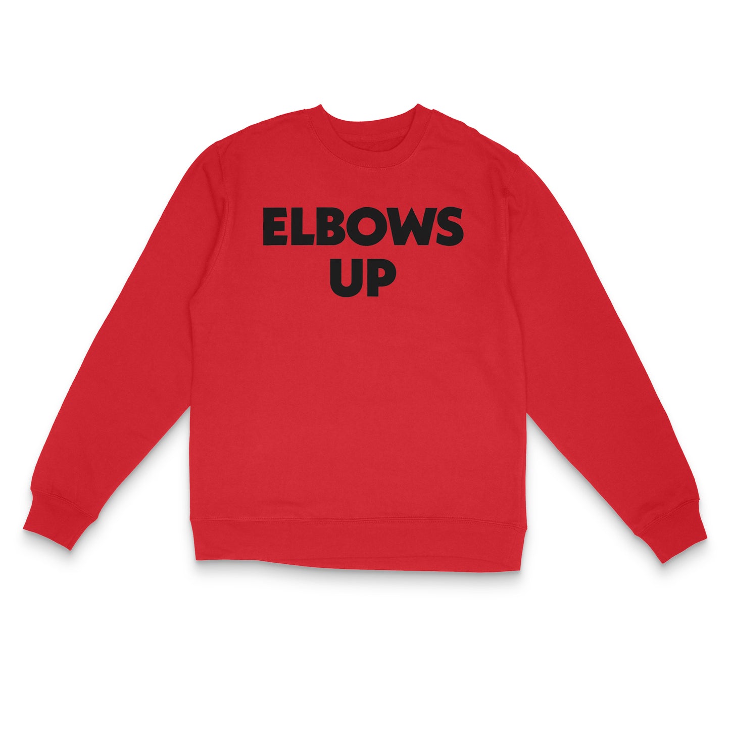 "Elbows Up" large text in black on red Canadian-made crewneck sweatshirt