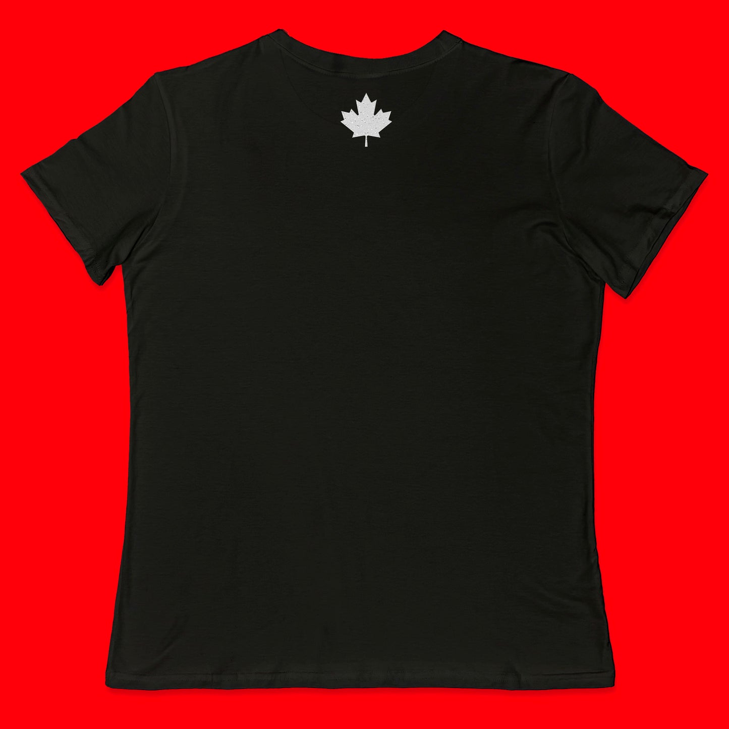 "Elbows Up" back - graphic maple leaf in white glitter on black Canadian-made women's tee