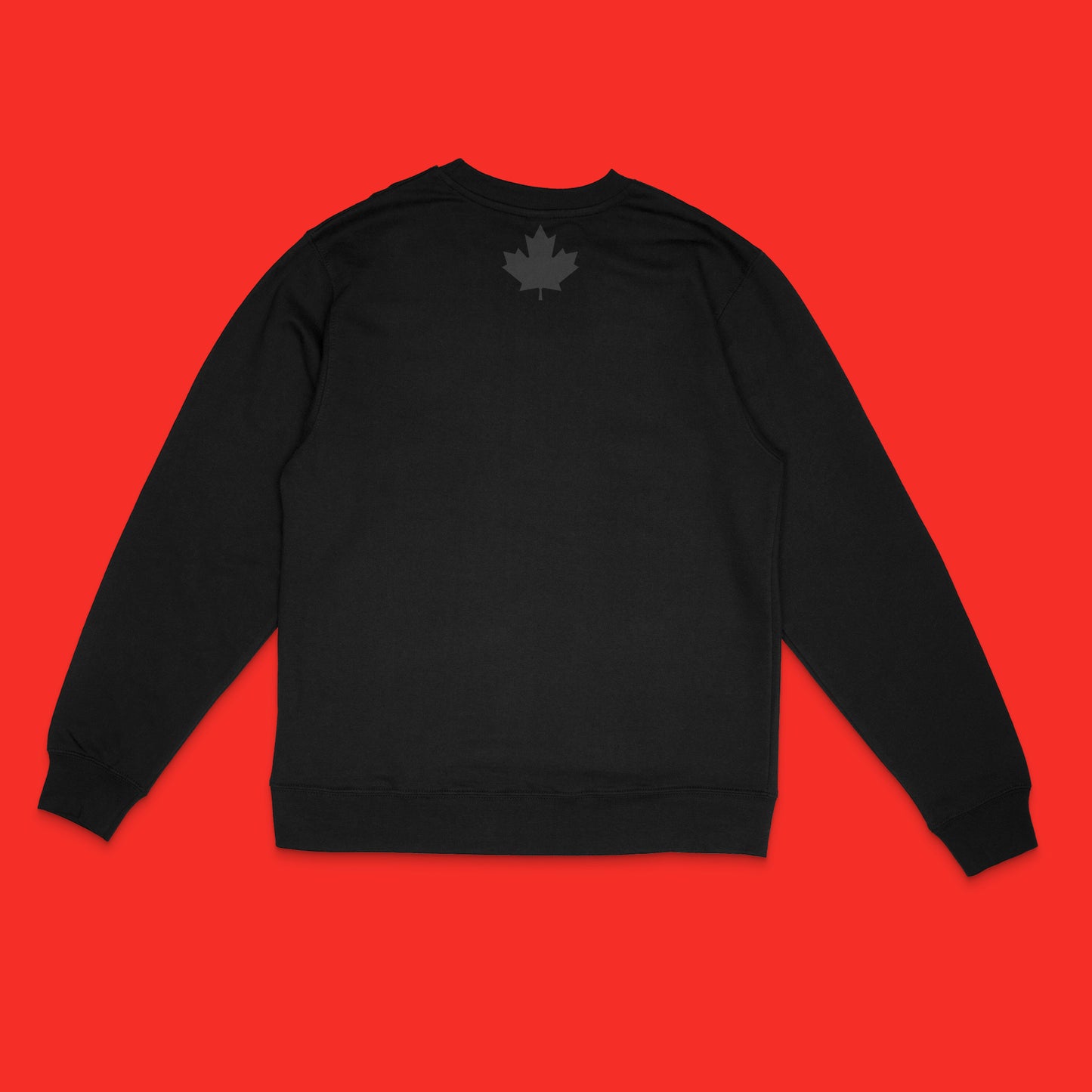 "Elbows Up" back - graphic maple leaf in matte black on black Canadian-made crewneck sweatshirt