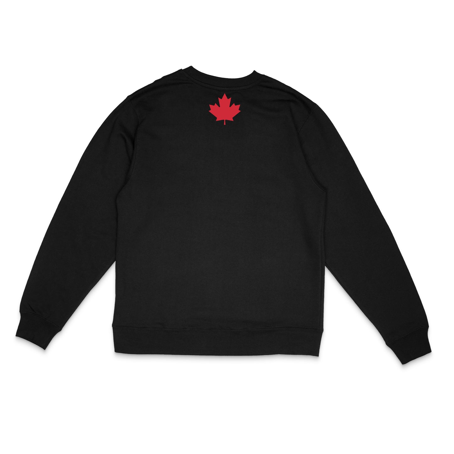 "Elbows Up" back - graphic maple leaf in red on black Canadian-made crewneck sweatshirt