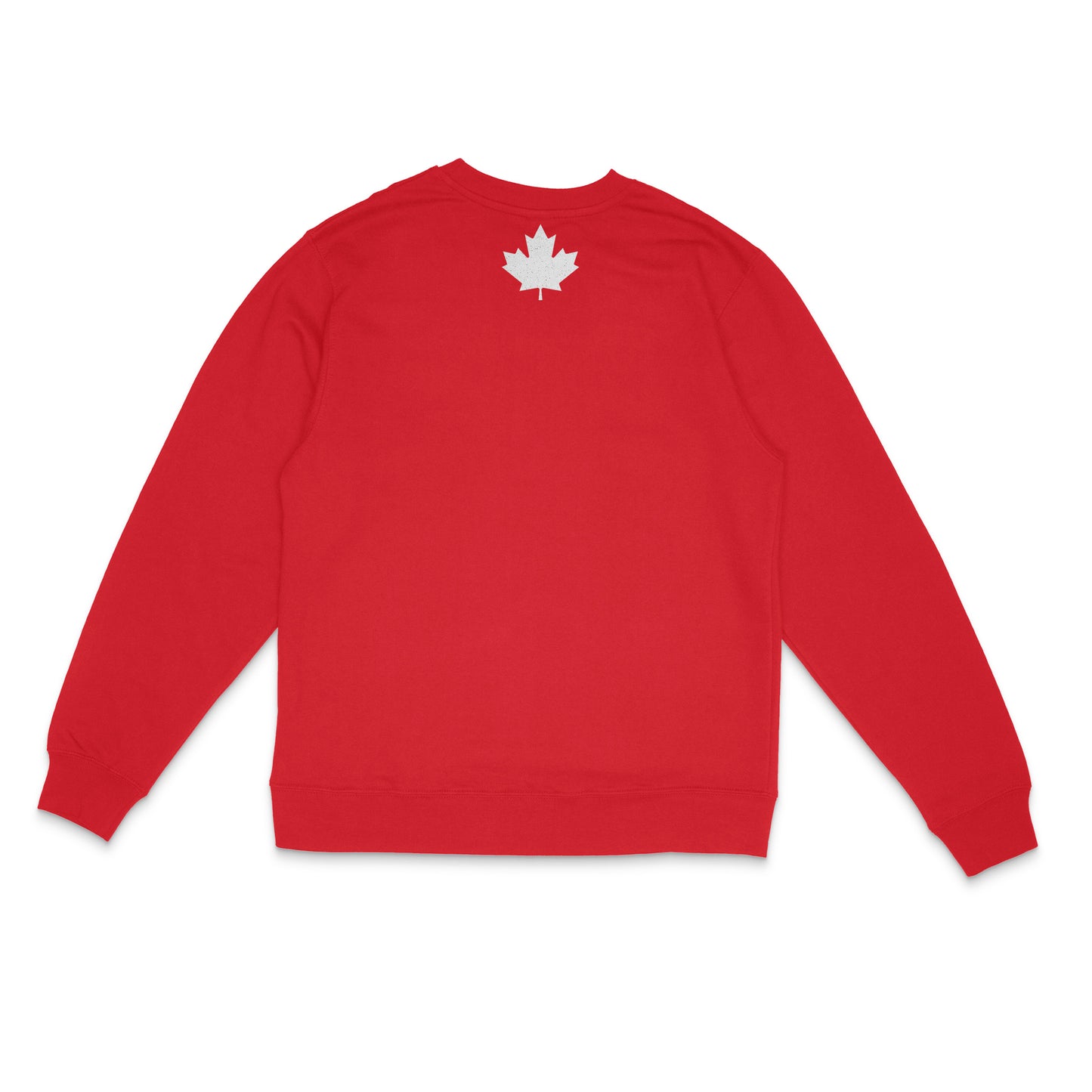 "Elbows Up" back - graphic maple leaf in white glitter on red Canadian-made crewneck sweatshirt