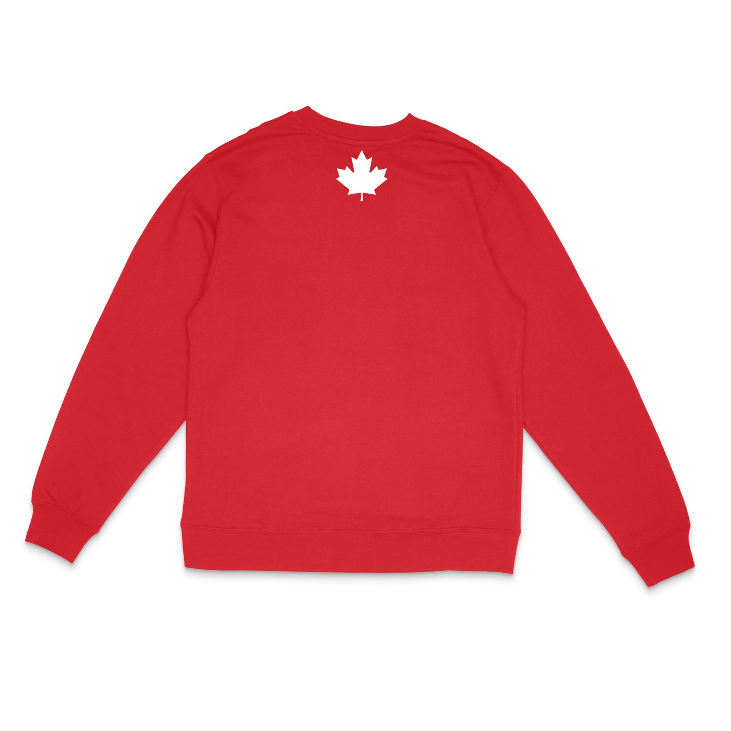 "Elbows Up" back - graphic maple leaf in white on red Canadian-made crewneck sweatshirt