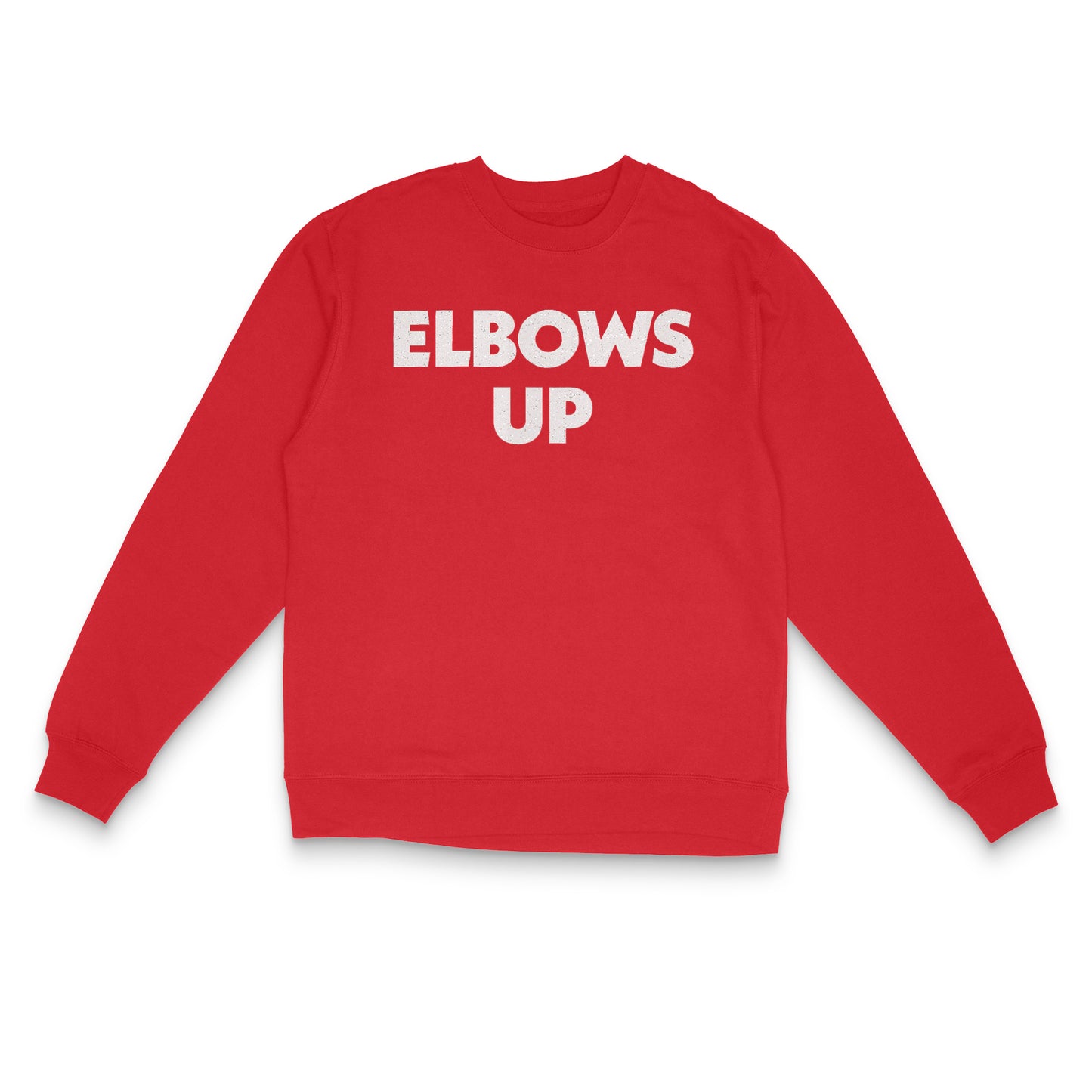 "Elbows Up" back - graphic maple leaf in white glitter on red Canadian-made crewneck sweatshirt