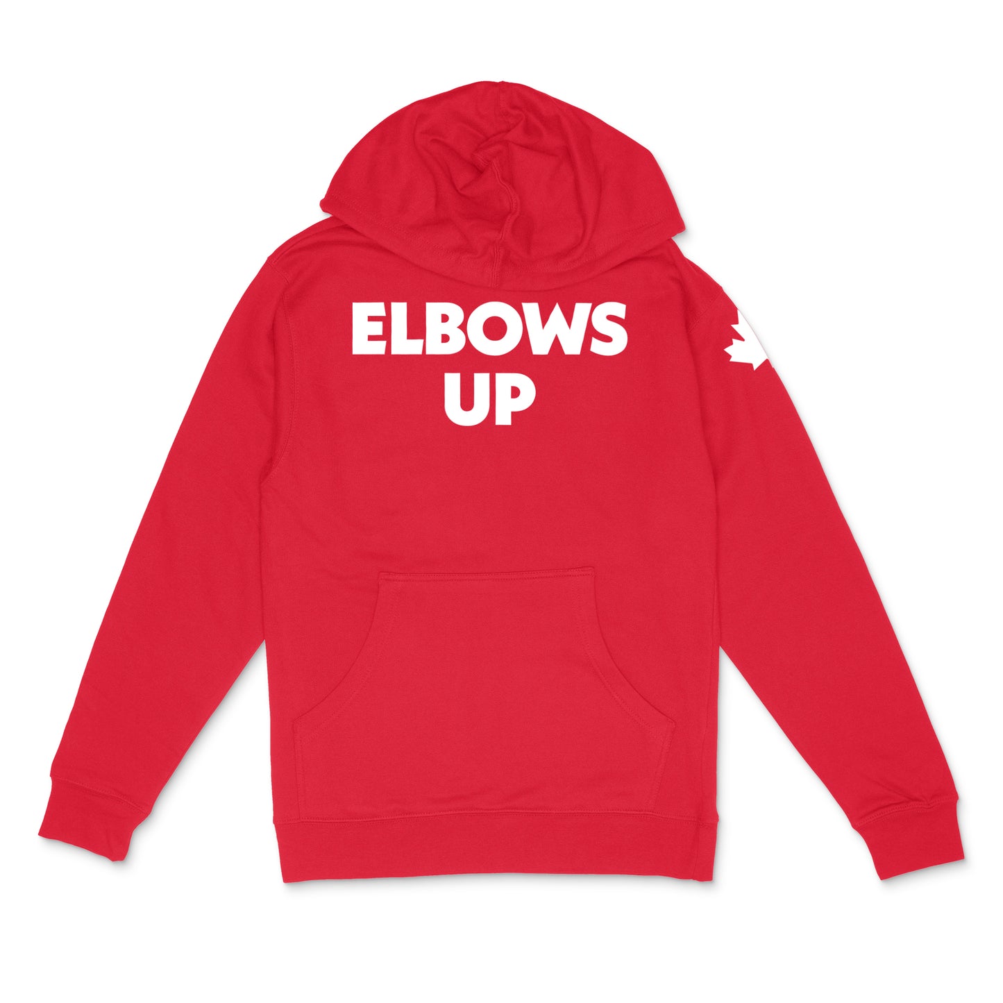 "Elbows Up" large text front, maple leaf on left upper sleeve in white on red Canadian-made hooded sweatshirt
