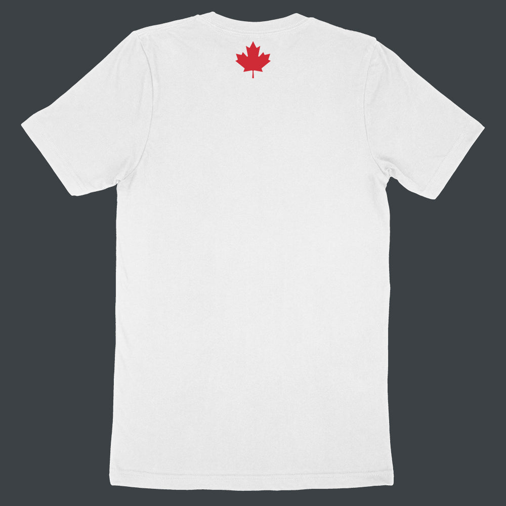 "Elbows Up" back - graphic maple leaf in red on white Canadian-made unisex tee