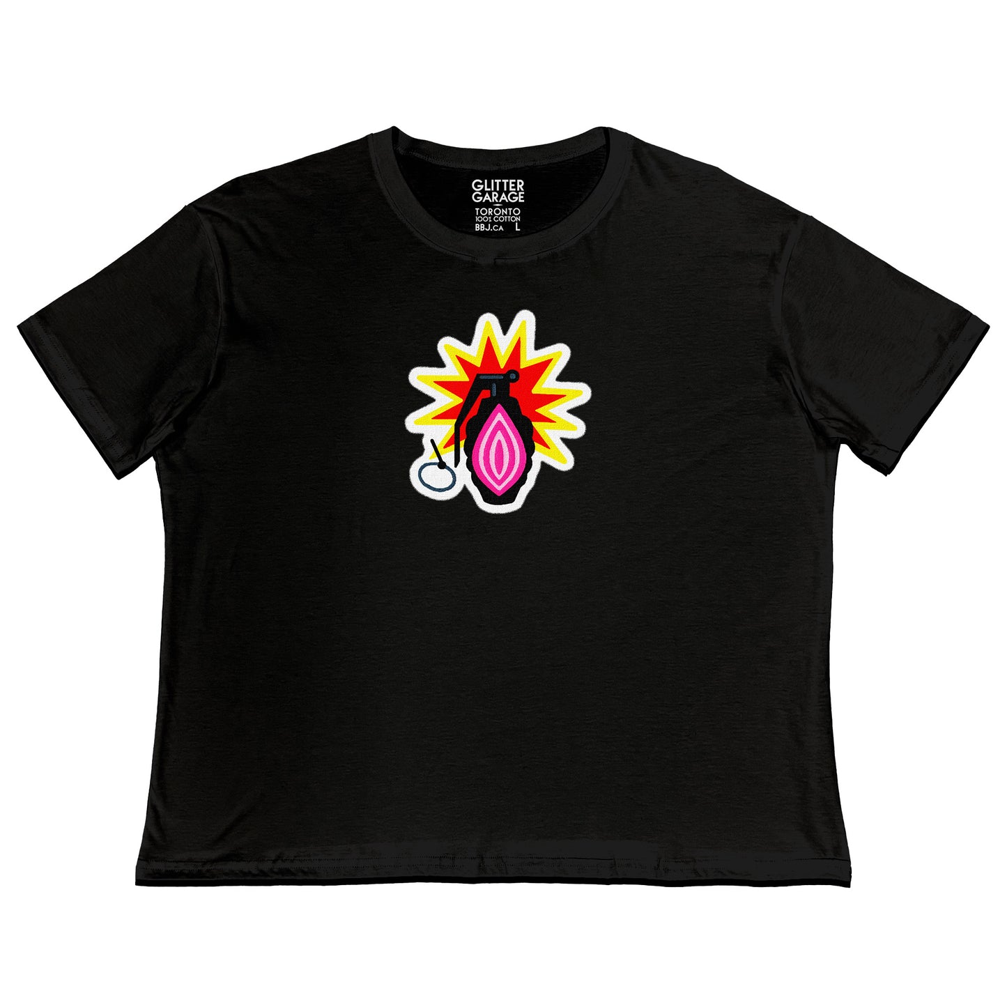 full colour transfer of GPAG logo on black boxy tee