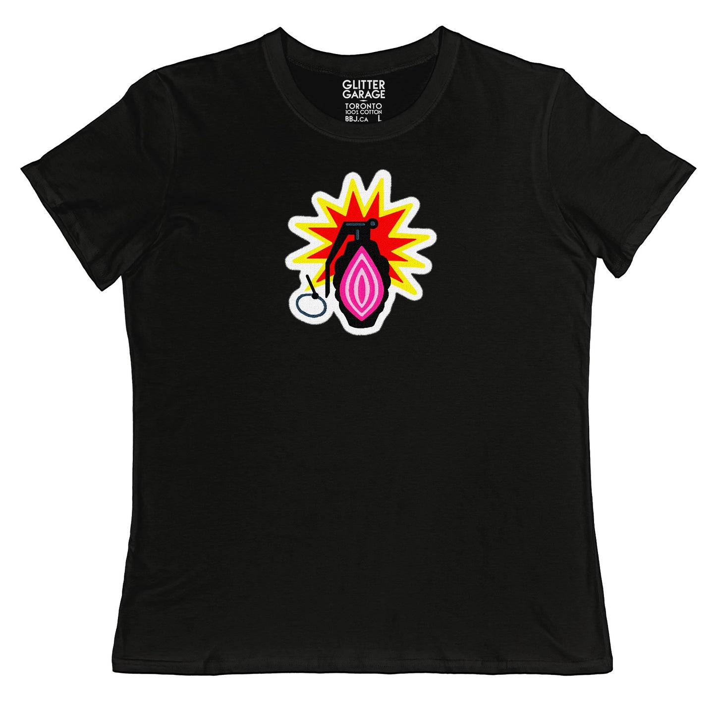 full colour transfer of GPAG logo on black women's fit tee