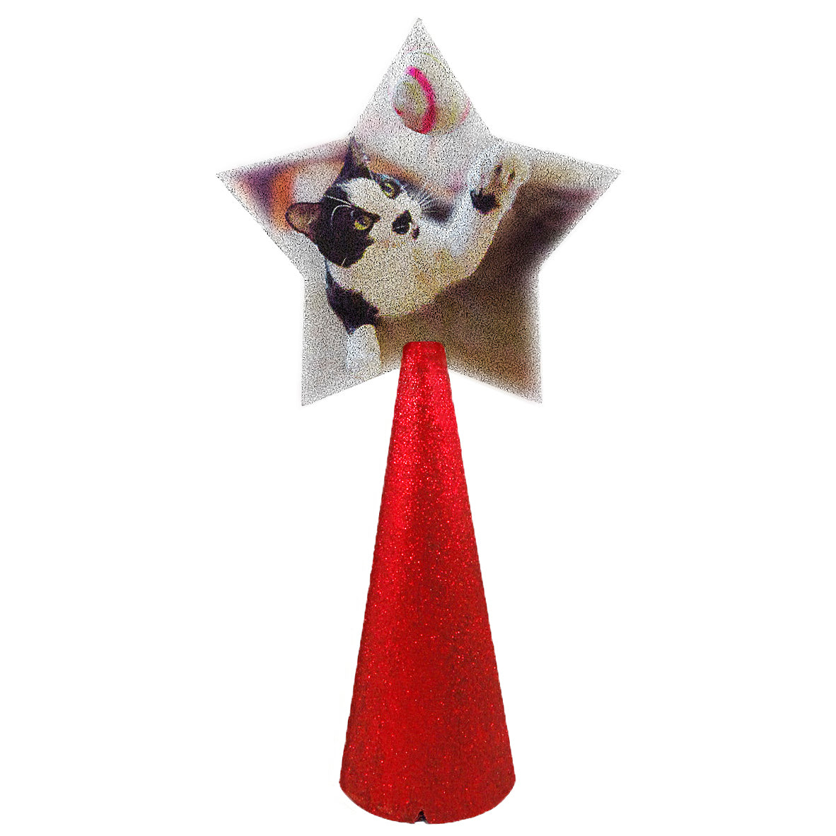 Cute cat custom christmas tree topper - star photo on red glitter cone - side 2 of double-sided