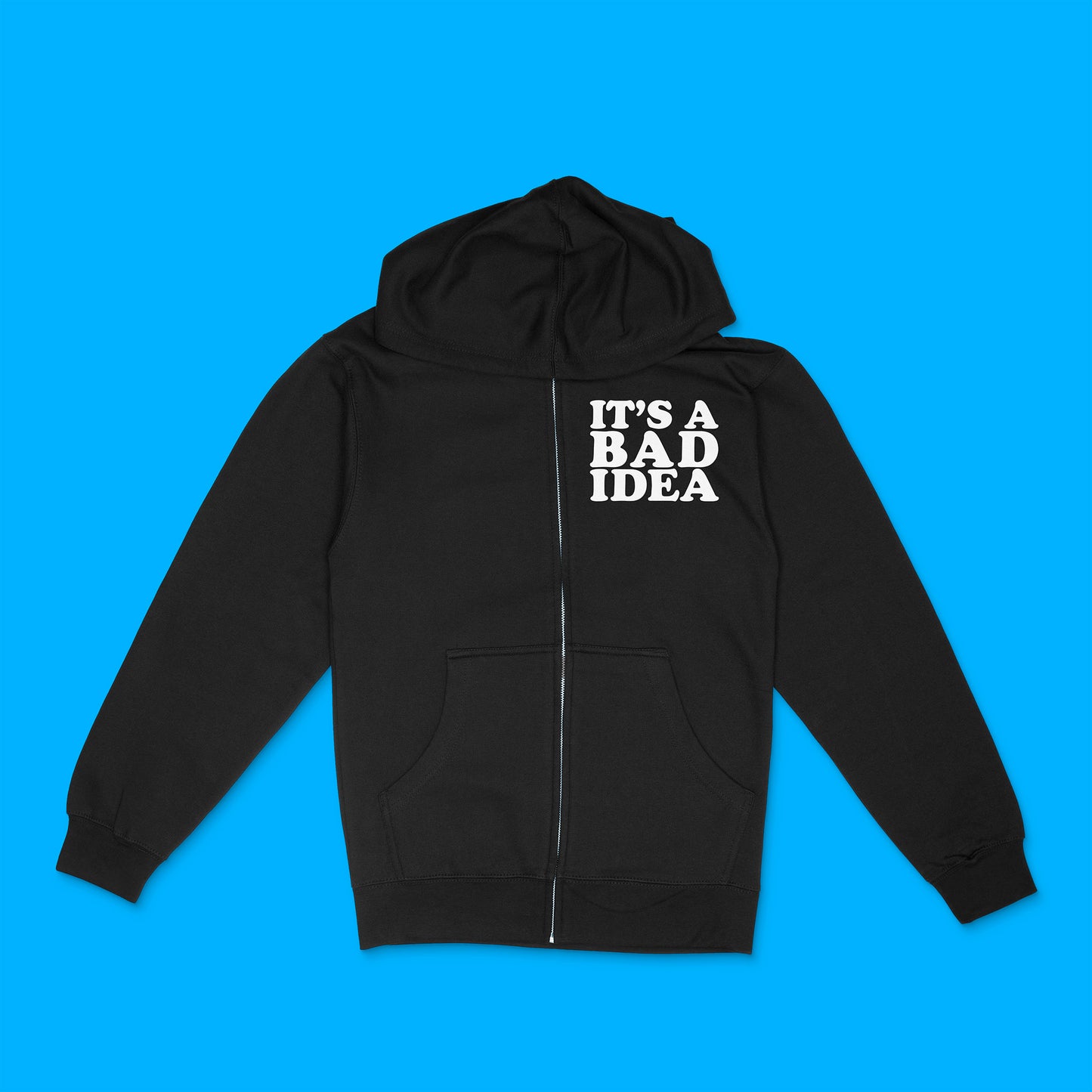 black unisex zip hoodie with custom sample text "It's a bad idea" in white matter, pop serif text style left chest of garment