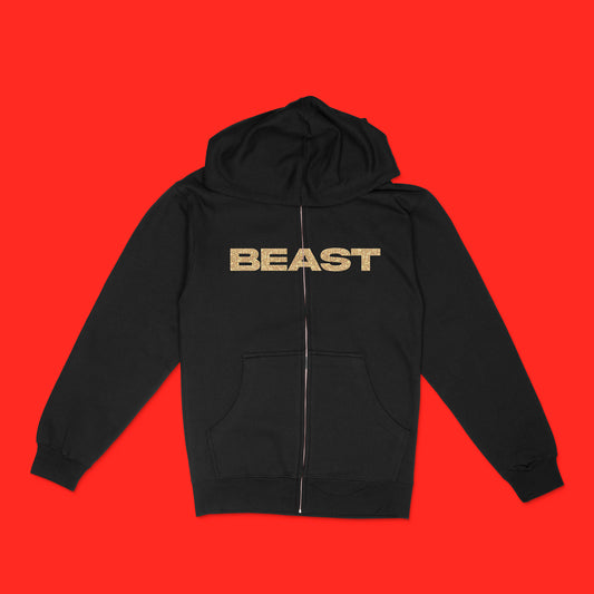 black unisex zip hoodie with custom sample text "beast" in gold glitter, wide text style across full front of garment