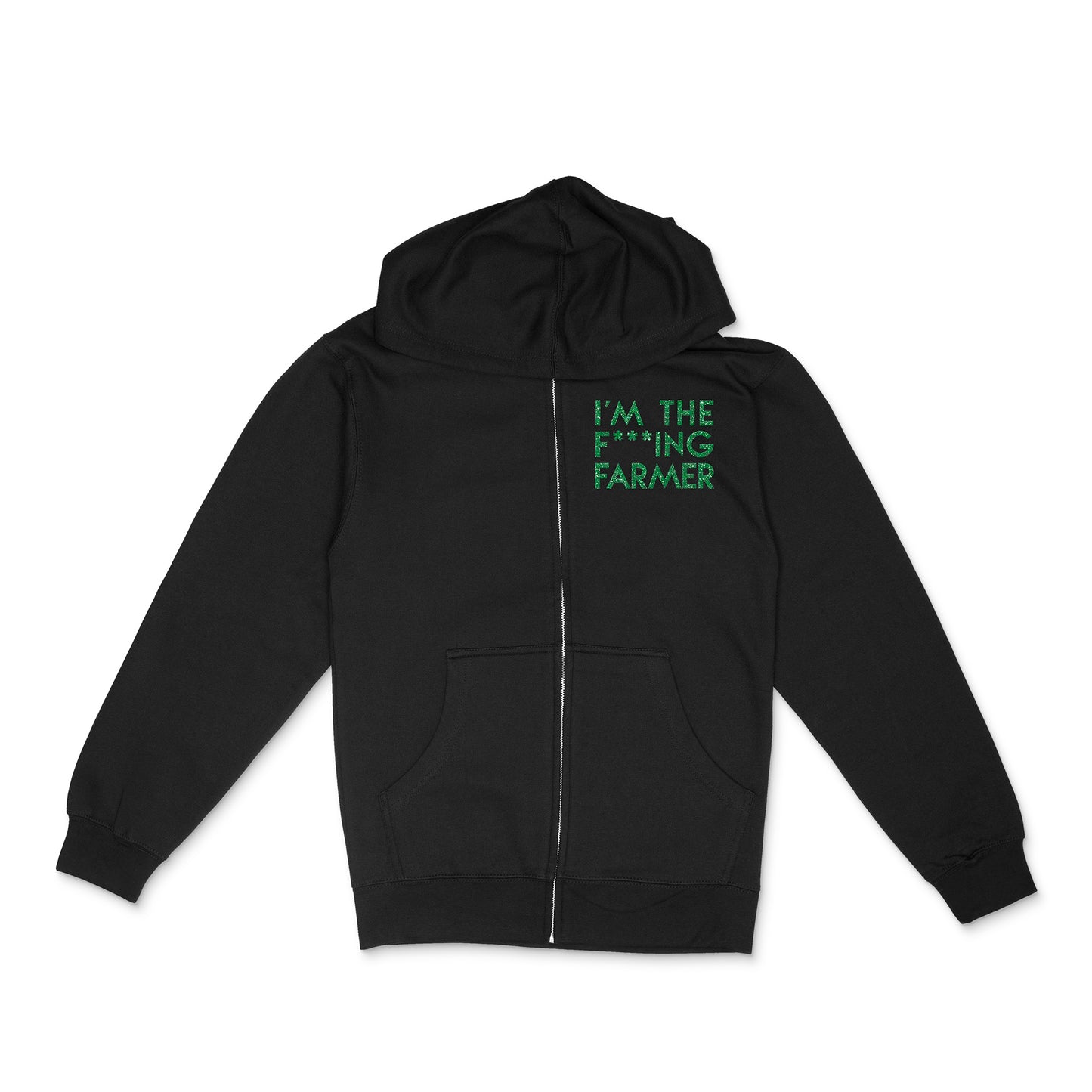 black unisex zip hoodie with custom sample text "I'm The F***ing Farmer" in green glitter, geometric text style on left chest of garment