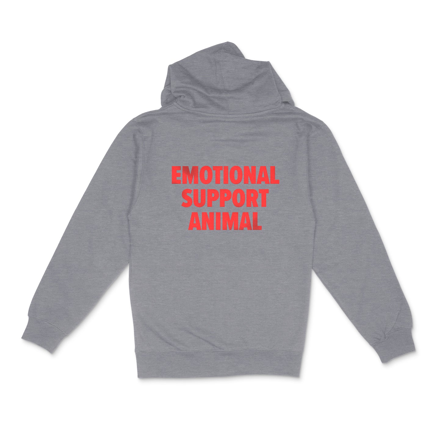 gunmetal heather unisex zip hoodie with custom sample text "Emotional Support Animal" in red metallic, tall text style across full back of garment 