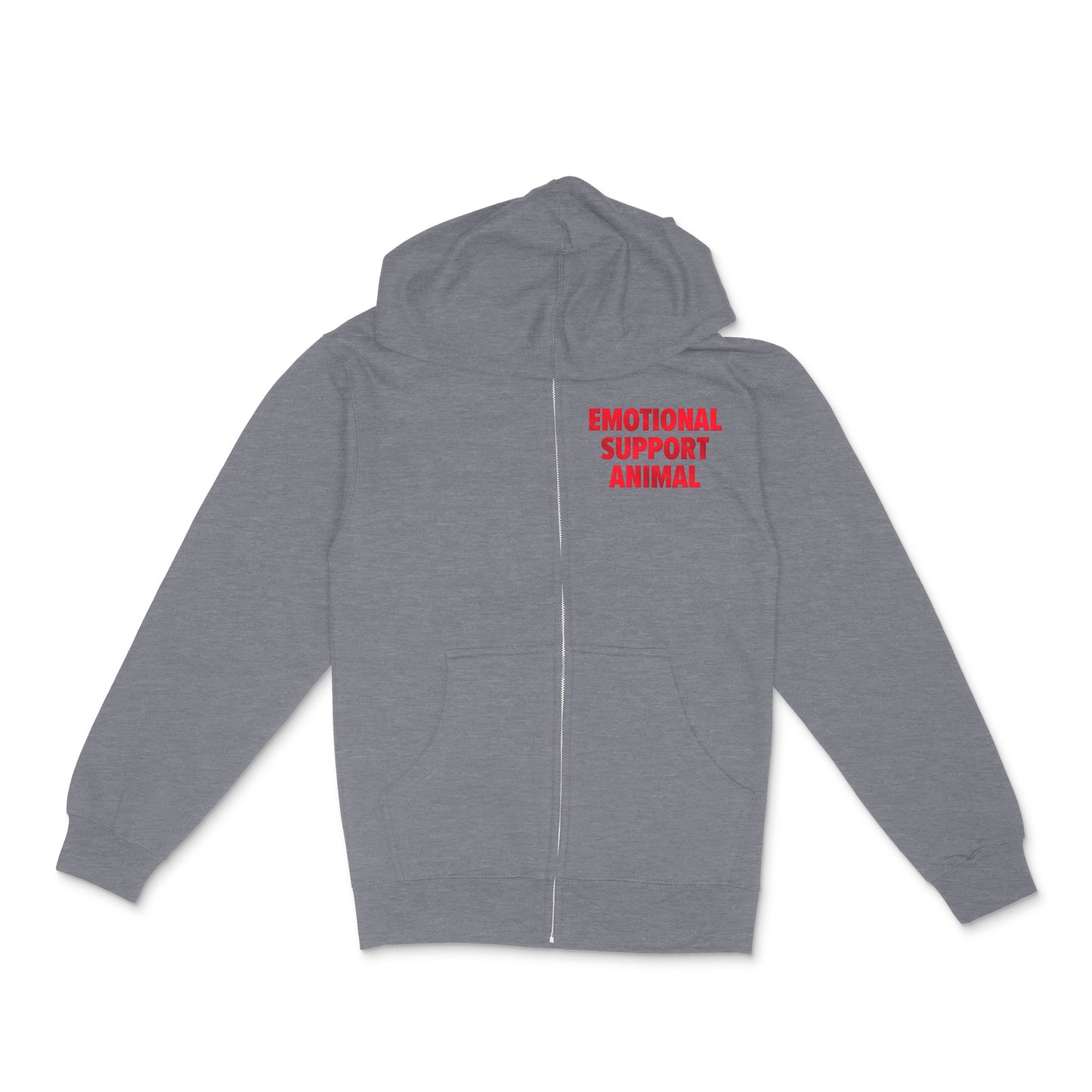 gunmetal heather unisex zip hoodie with custom sample text "Emotional Support Animal" in red metallic, tall text style on left chest of garment