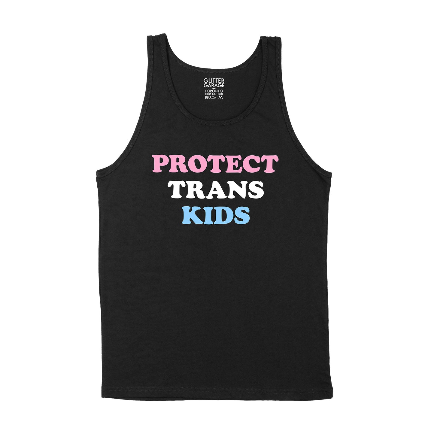 Custom text tank sample - Protect Trans Kids - light pink, white, pale blue matte POP SERIF text - USE YOUR WORDS black unisex tank shirt by BBJ / Glitter Garage