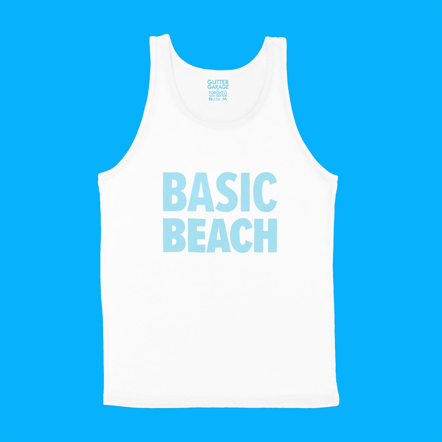 Custom text tank sample - Basic Beach - pale blue TALL text - USE YOUR WORDS white unisex tank shirt by BBJ / Glitter Garage