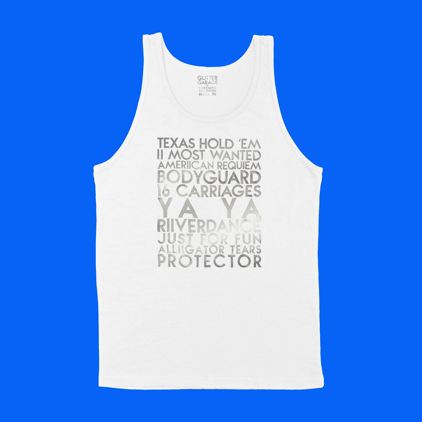 custom sample - Beyonce's Cowboy Carter songs - silver chrome custom text on white unisex tank shirt - Custom YourTen tank by BBJ / Glitter Garage