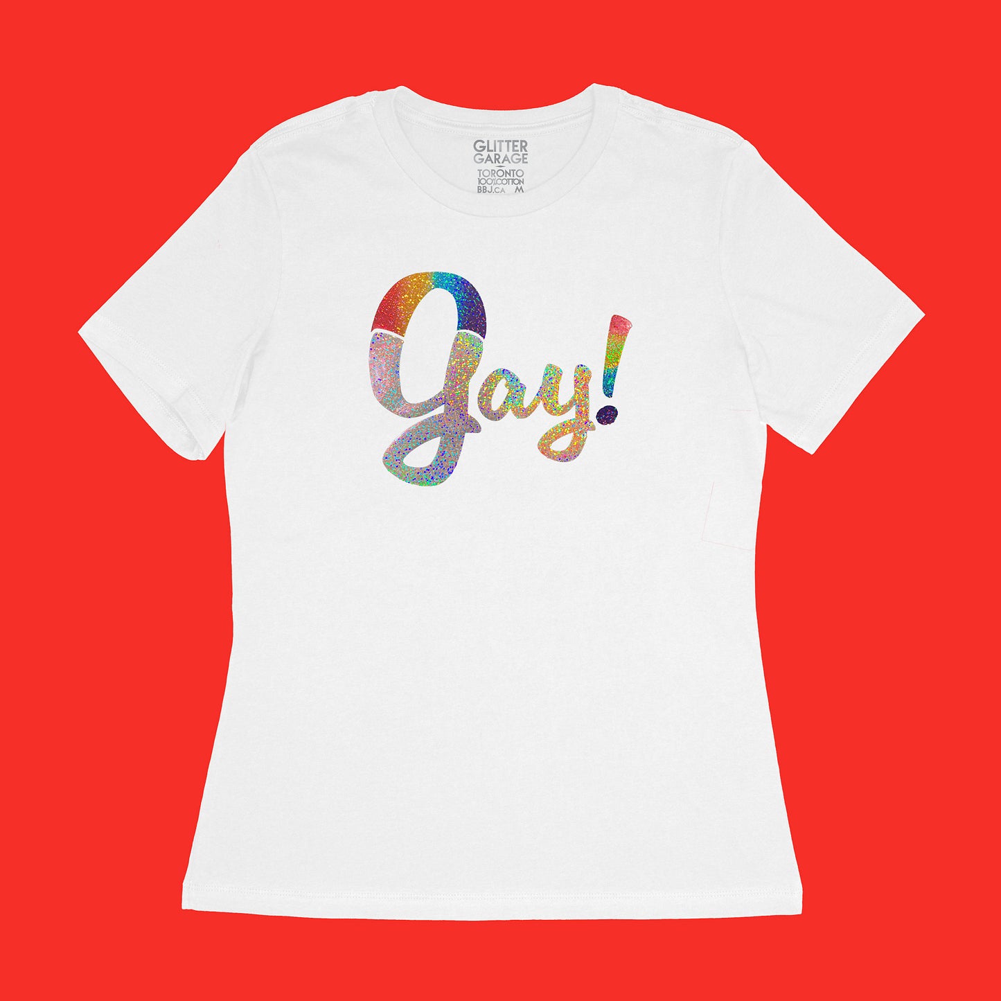 Yay Gay! holographic rainbow and silver on white women's relaxed fit t-shirt - by BBJ / Glitter Garage