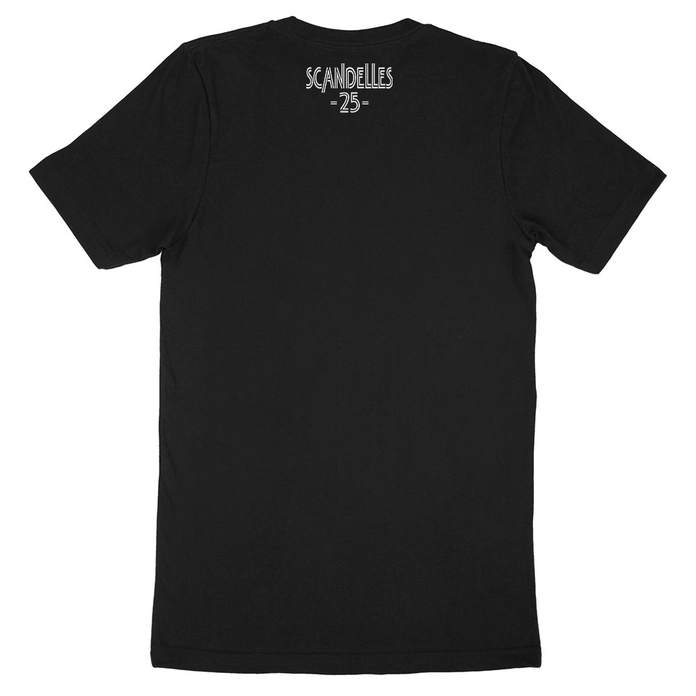 back view of unisex black tee with Scandelles 25 logo in white matte