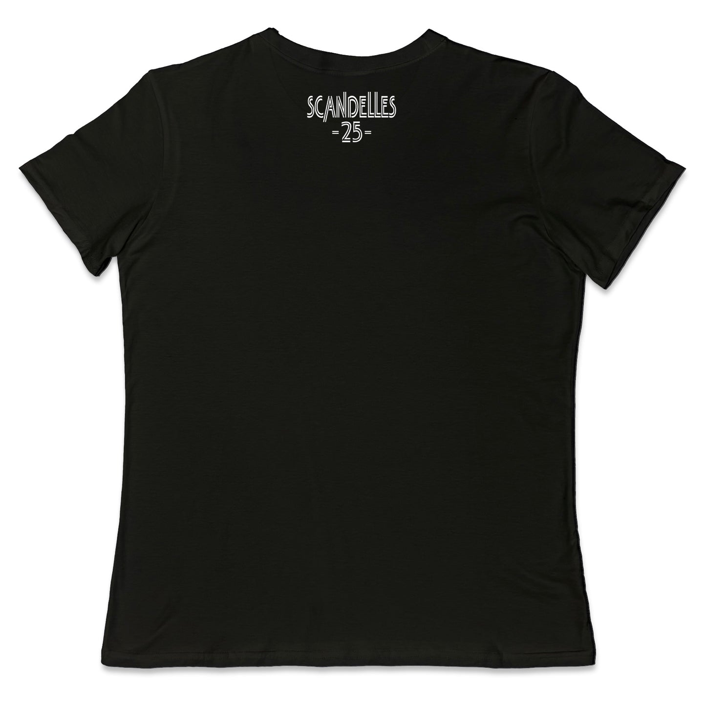back view of black women's fit tee with Scandelles 25 logo in white matte