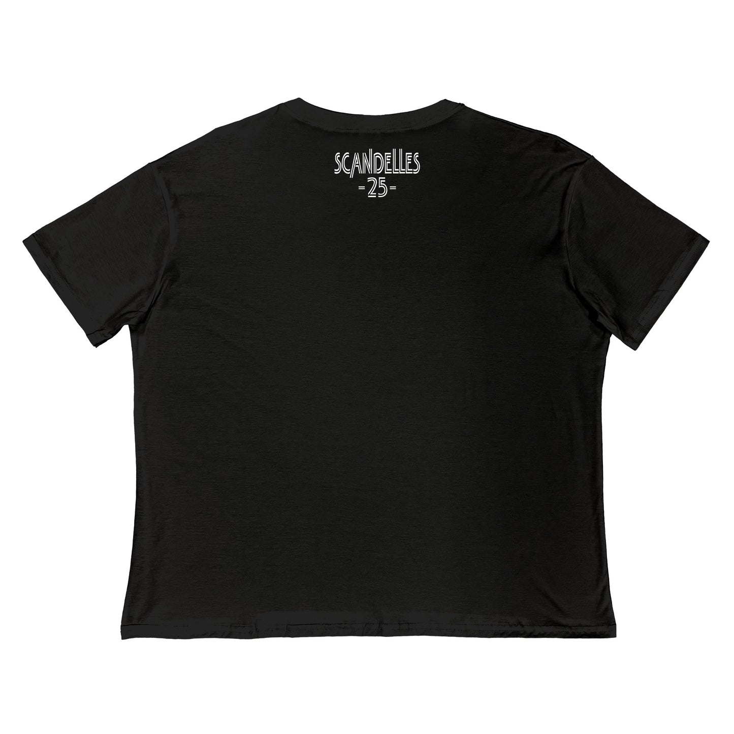 back view of black boxy tee with Scandelles 25 logo in white matte