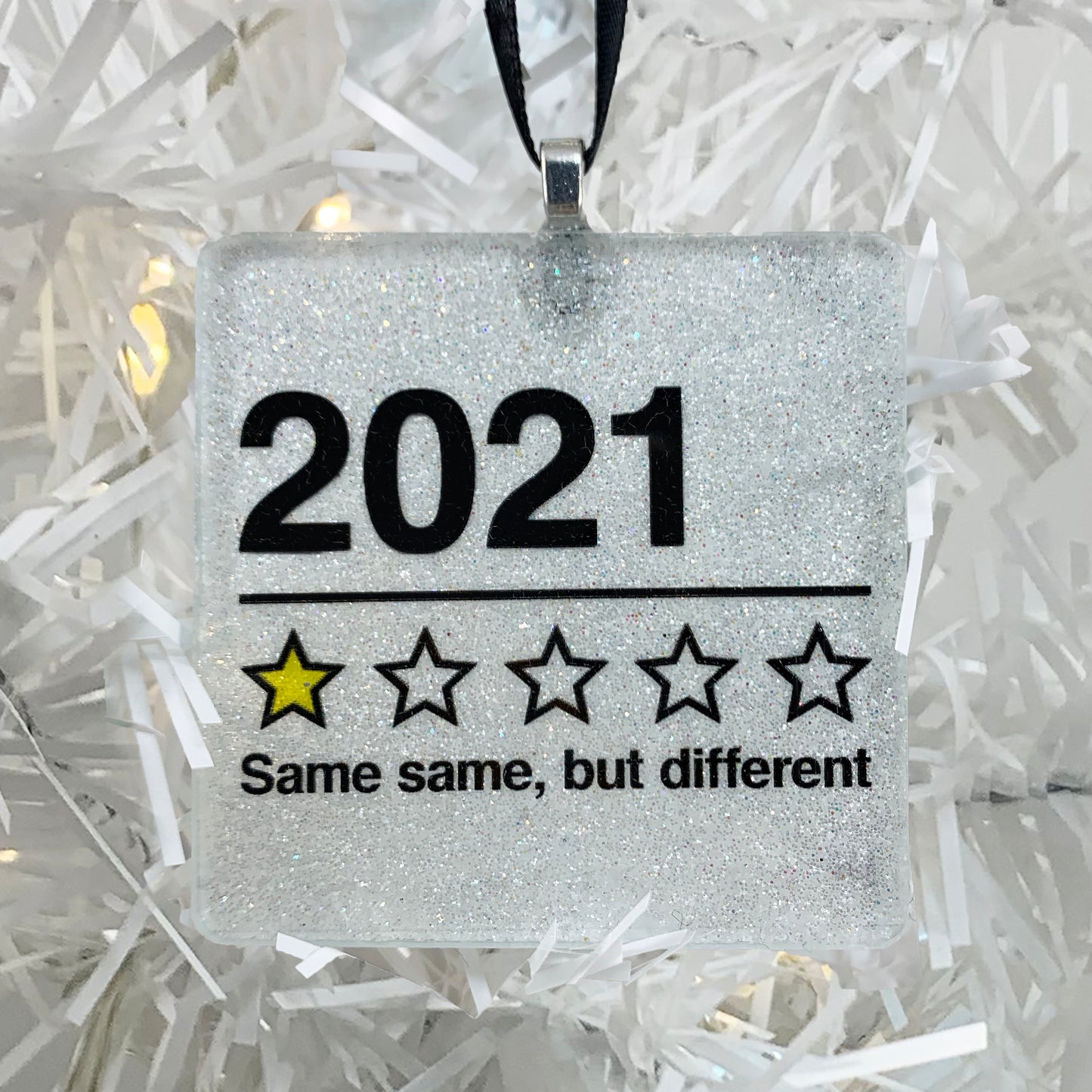 "Same Same, But Different" Ornament for 2021 - square white pearl glitter ornament, 1-star "review" text in black on white background - 1 of 3 handmade glass and glitter ornaments in our 2021 Ornament Trio