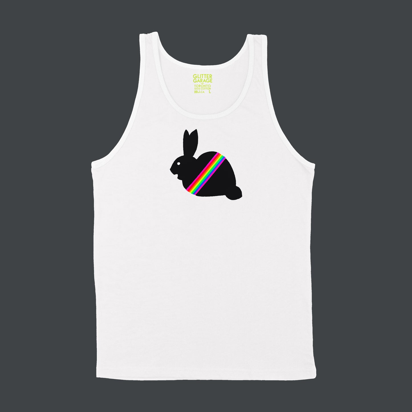 fuzzy black bunny with neon rainbow stripe on white unisex tank by BBJ / Glitter Garage