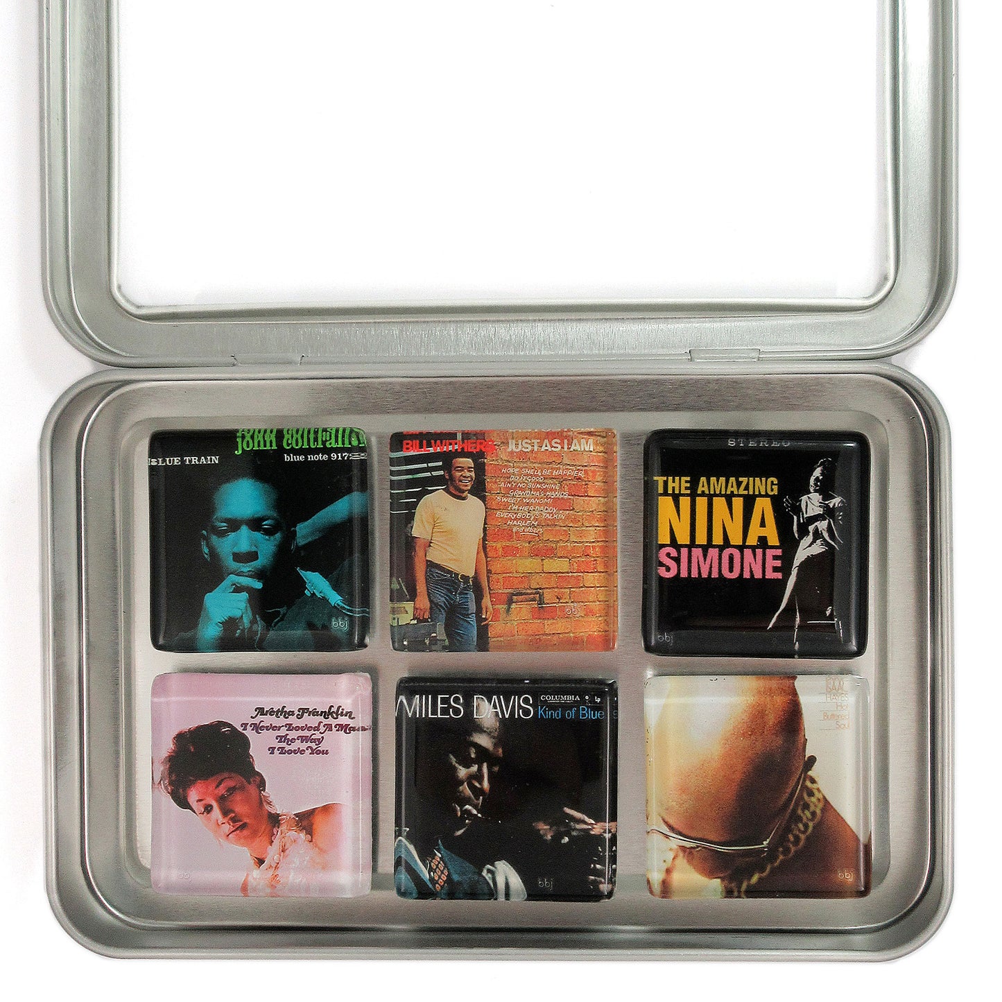 Custom glass album cover magnet of 6 glass magnets in tin set by BBJ