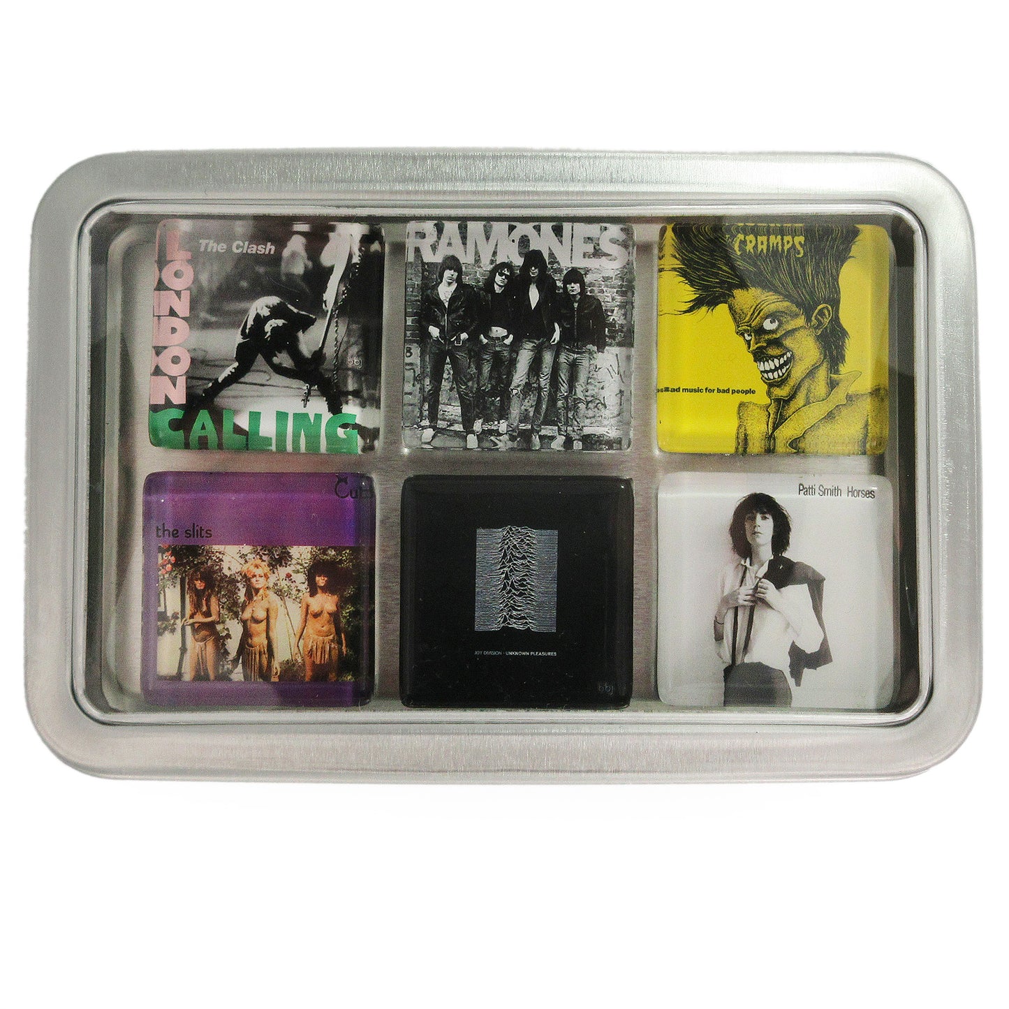 Custom glass album cover magnet of 6 glass magnets in tin set by BBJ