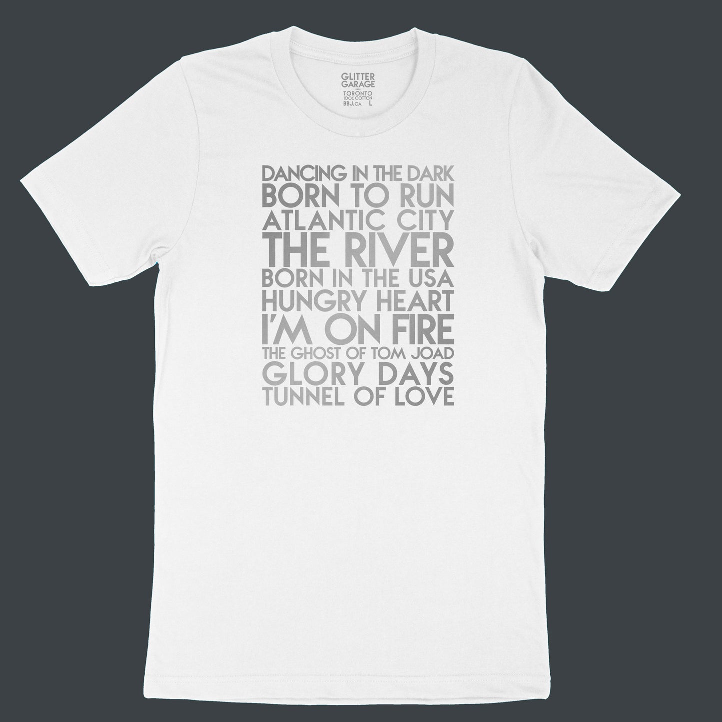 Bruce Springsteen songs YourTen custom sample - silver matte text on white unisex t-shirt - by BBJ / Glitter Garage