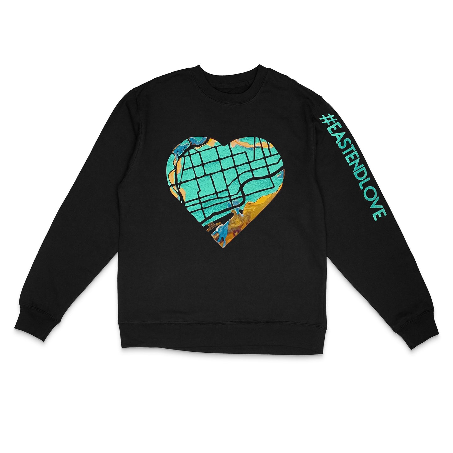 Black crewneck sweatshirt with metallic teal and shiny holographic east-end-map heart, #EastEndLove text on sleeve by BBJ with East End Arts