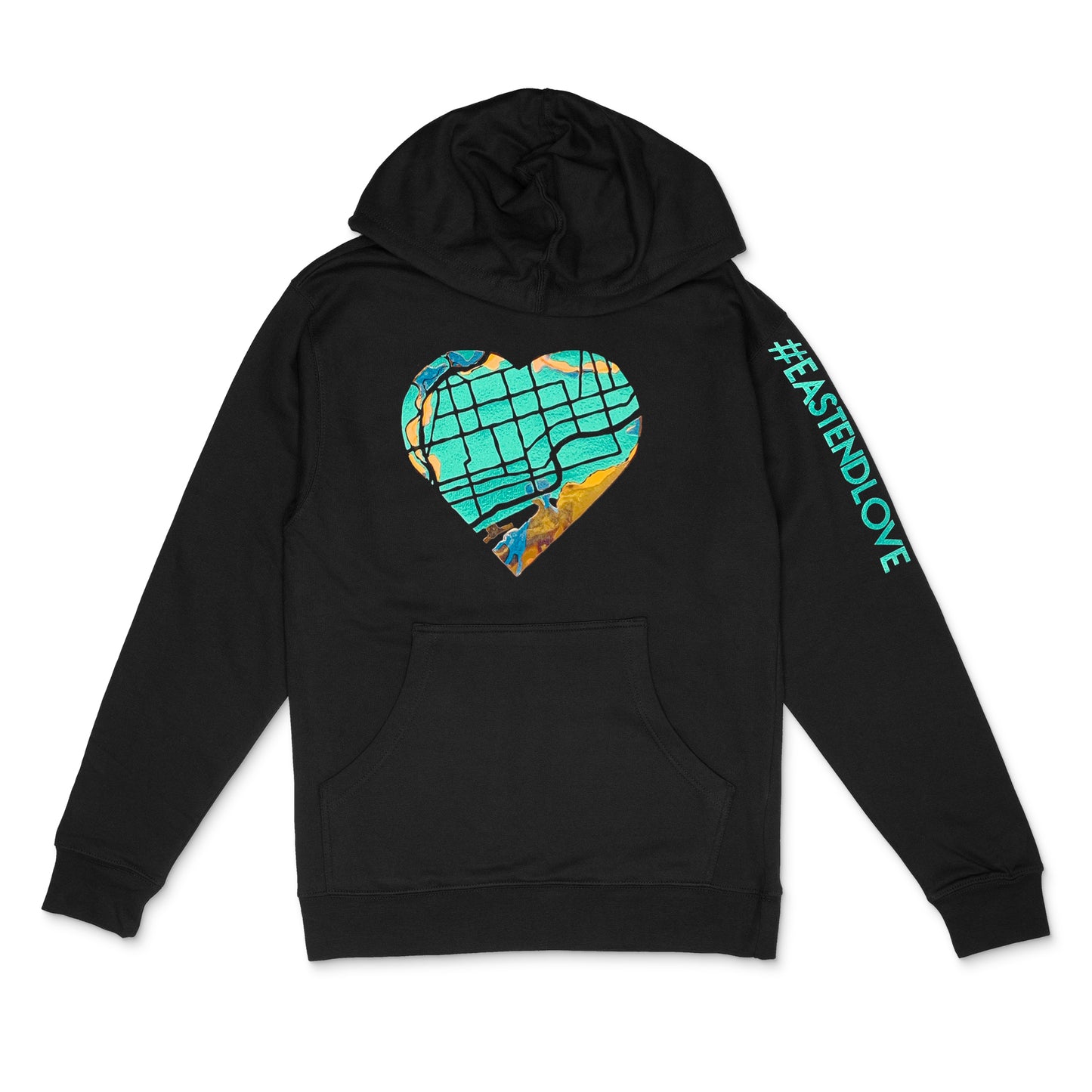 Black hooded sweatshirt with metallic teal and shiny holographic east-end-map heart, #EastEndLove text on sleeve by BBJ with East End Arts