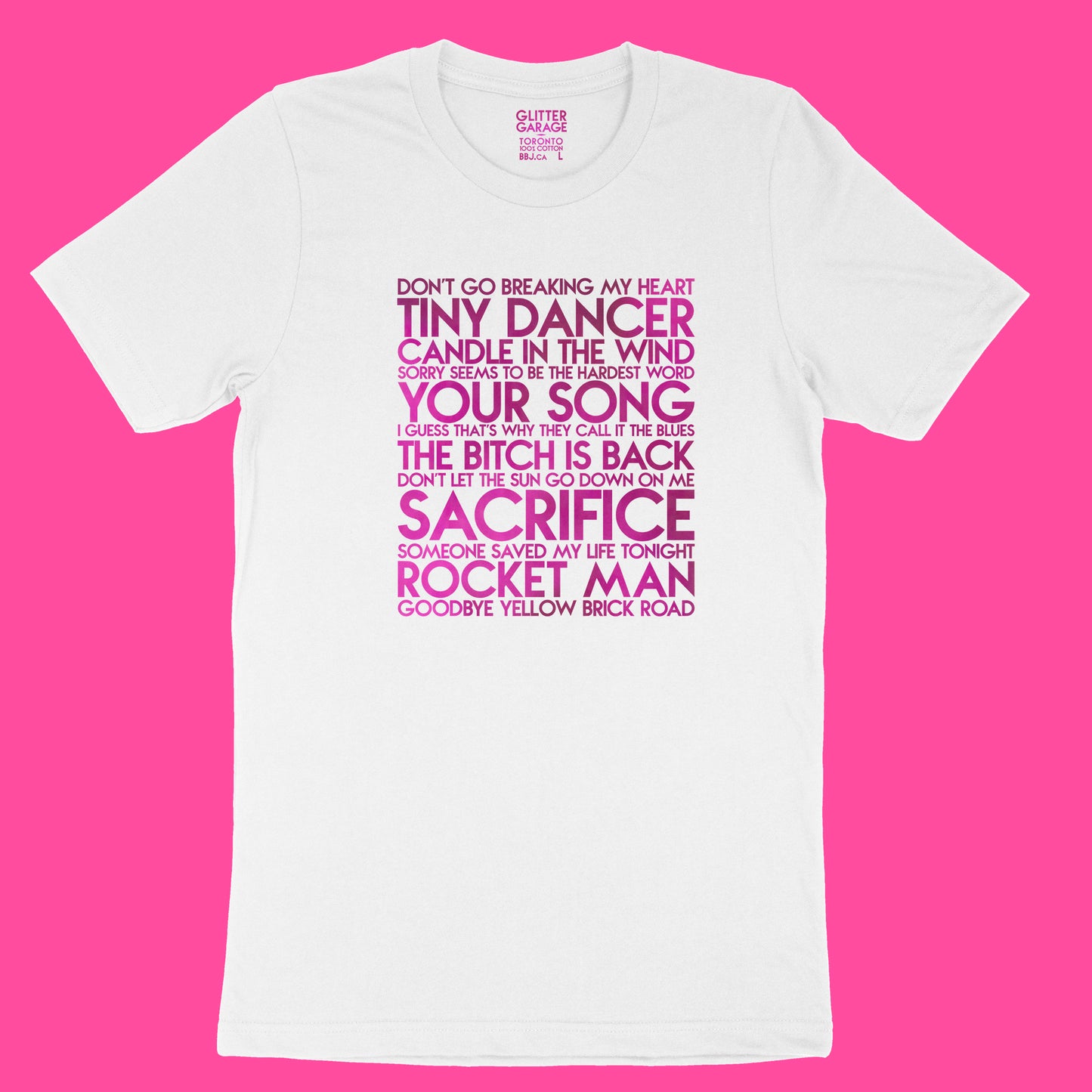 Elton John songs YourTen custom sample - magenta metallic text on white unisex t-shirt - by BBJ / Glitter Garage