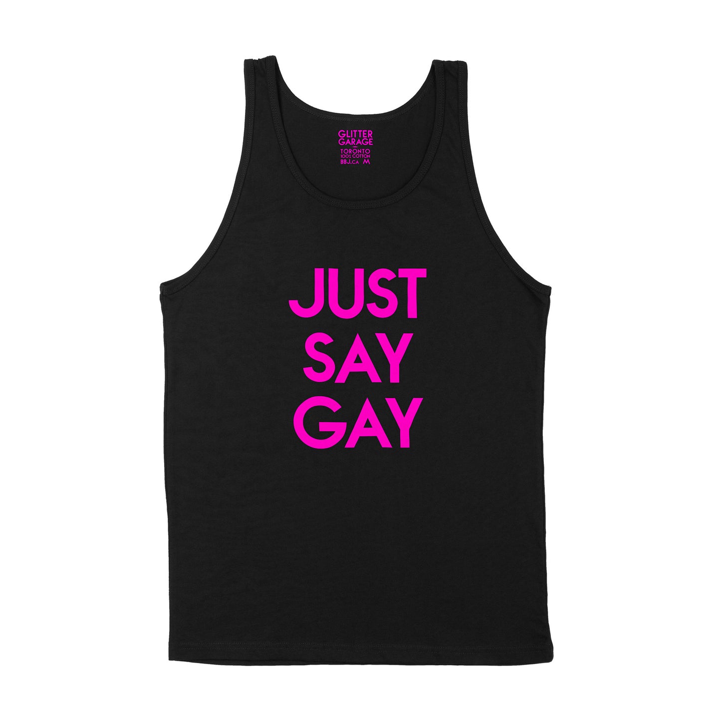 Custom text tank sample - Just Say Gay - neon pink matte text - USE YOUR WORDS black unisex tank shirt by BBJ / Glitter Garage