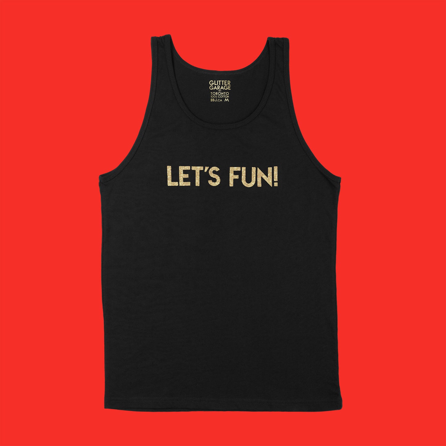 Custom text tank sample - Let's Fun! - gold glitter text - USE YOUR WORDS black unisex tank shirt by BBJ / Glitter Garage