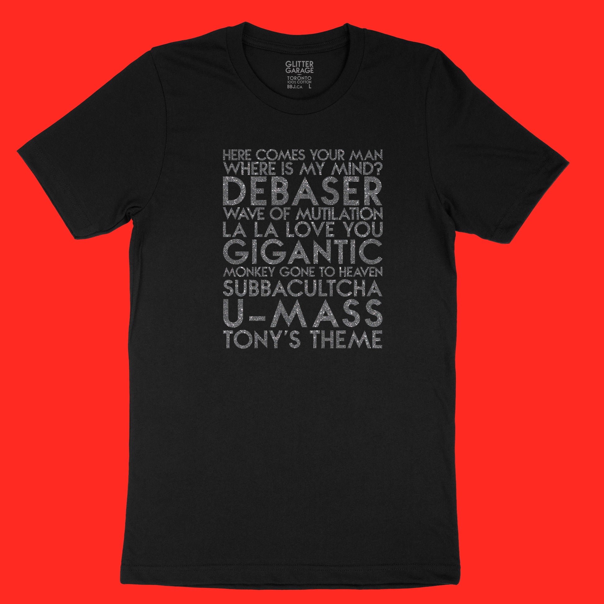 Pixies songs YourTen custom sample - gunmetal glitter text on black unisex t-shirt -  by BBJ / Glitter Garage