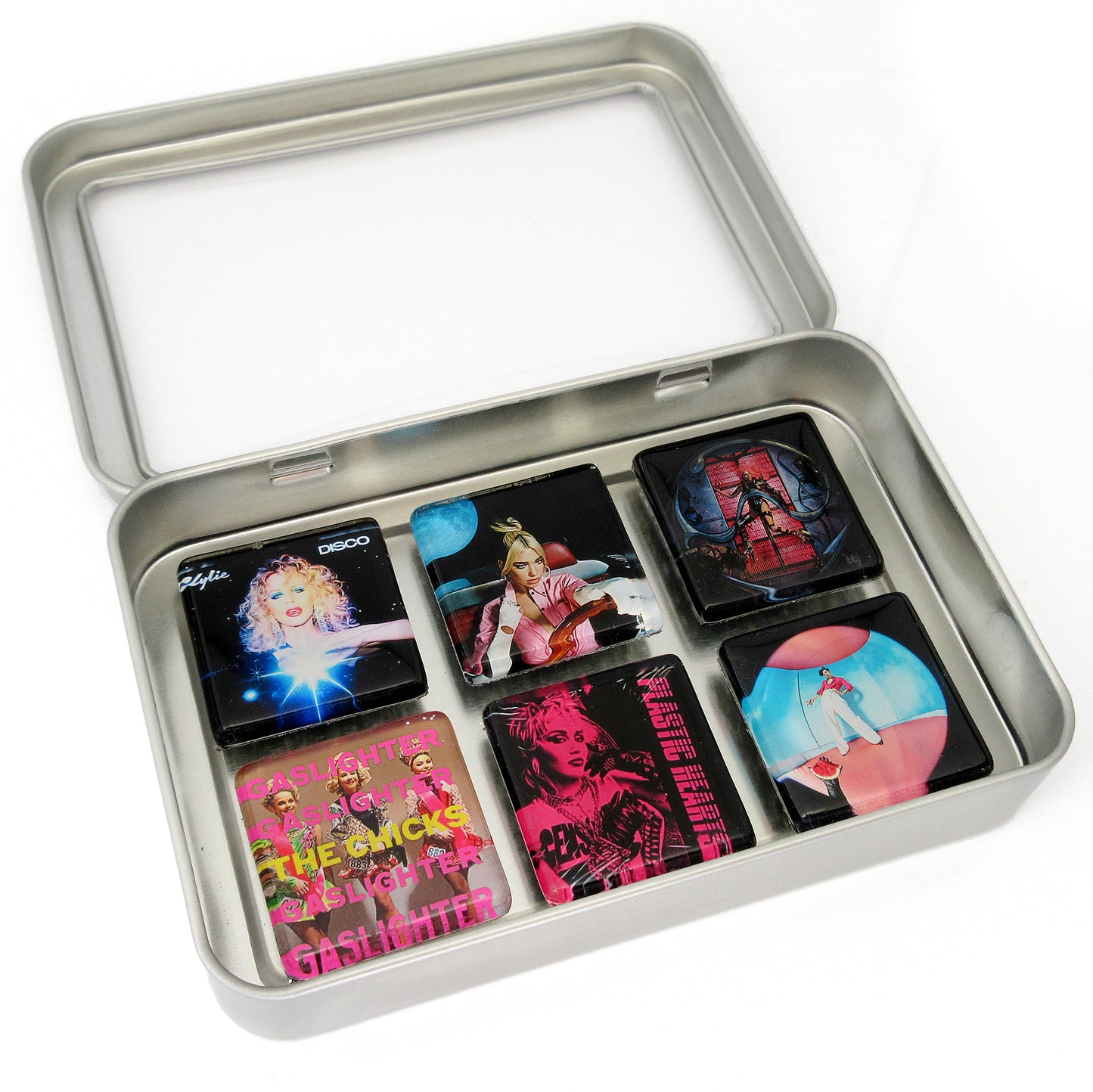 Custom glass album cover magnet of 6 glass magnets in tin set by BBJ