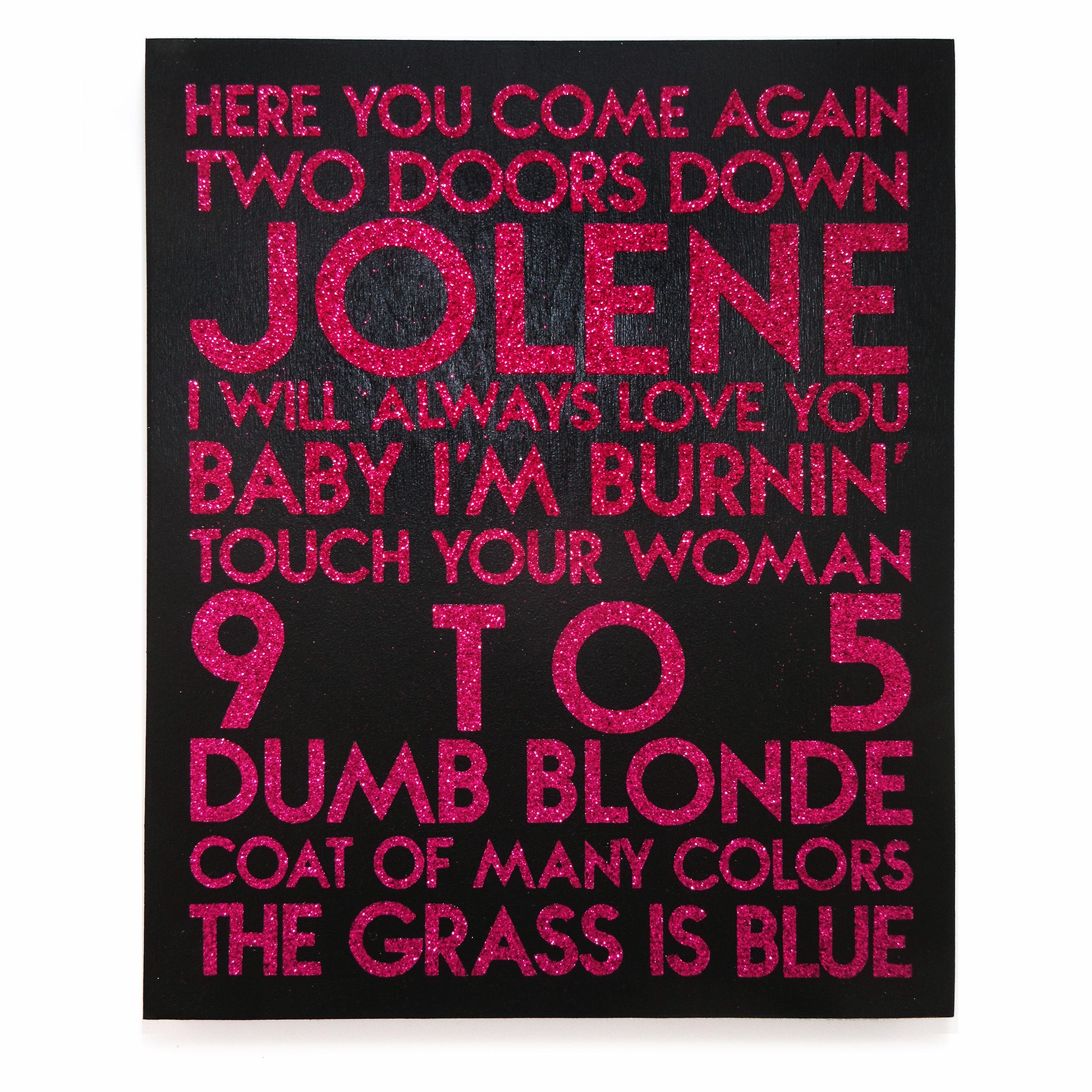 Custom sample - songs - hot pink glitter text on black wood art plaque - YourTen typography wall art by BBJ / Glitter Garage