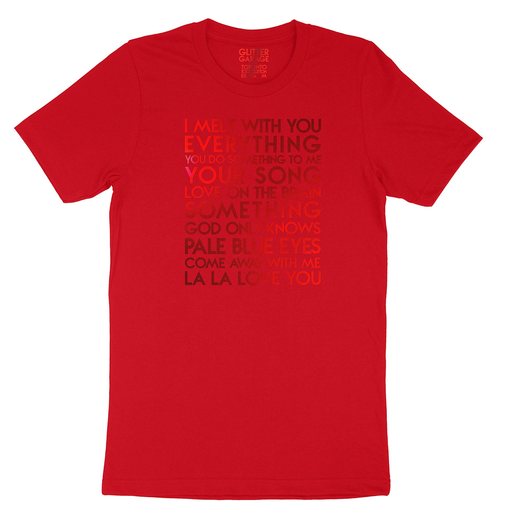 my fave love songs YourTen custom sample - red metallic text on red unisex t-shirt -  by BBJ / Glitter Garage