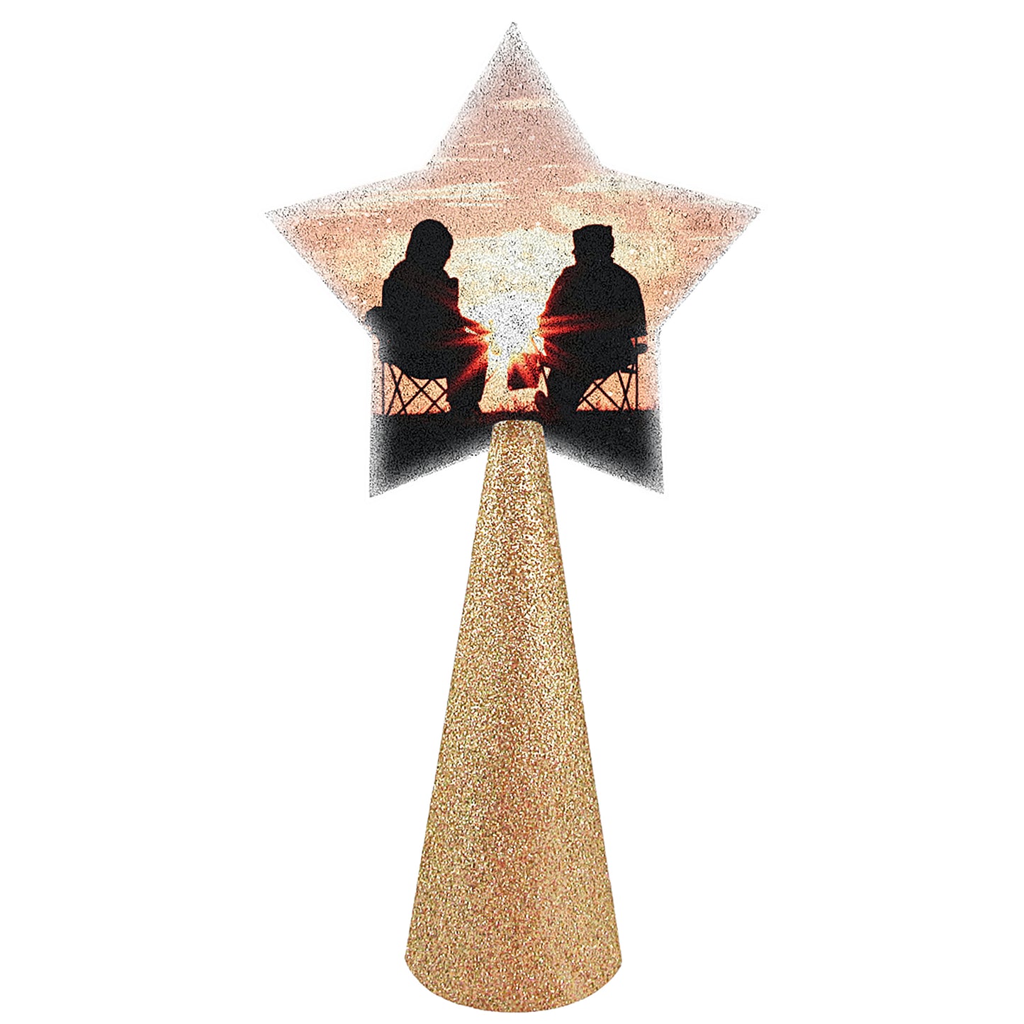 "sunset couple" sample photo custom christmas tree topper - star photo on champagne gold glitter cone