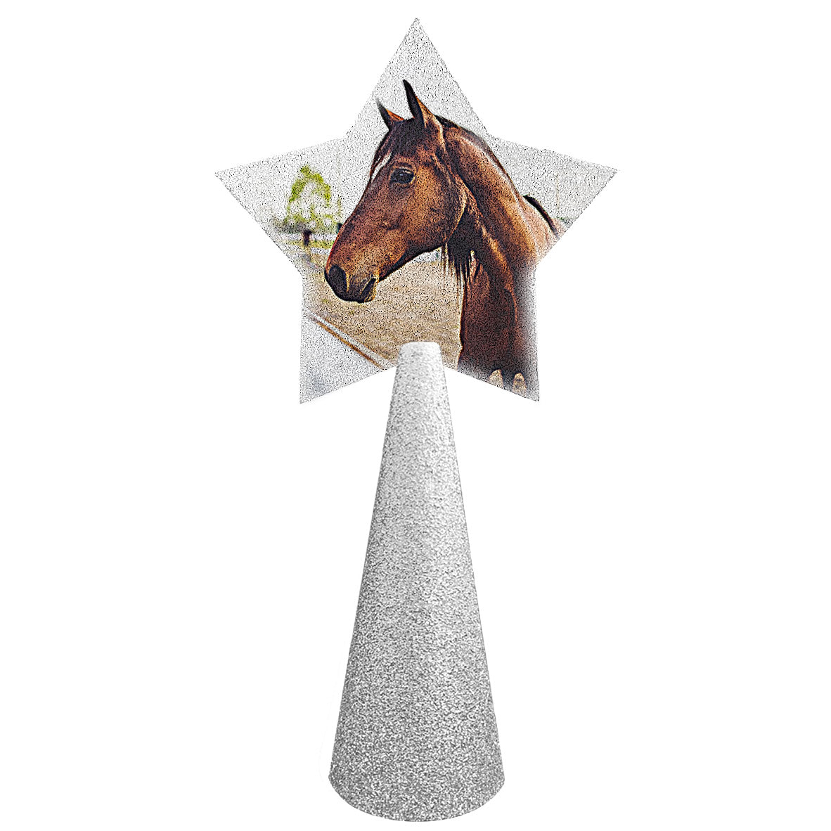 horse - sample custom christmas tree topper - star photo on silver glitter cone