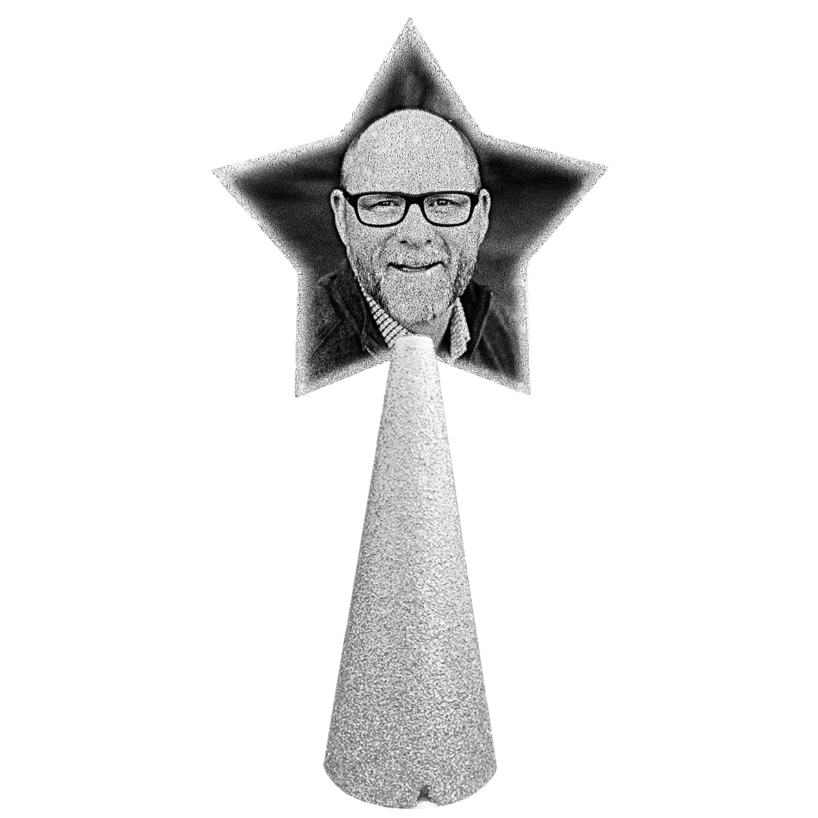 sample custom black and white photo of smiling man on custom christmas tree topper - star photo on silver glitter cone - double-sided back