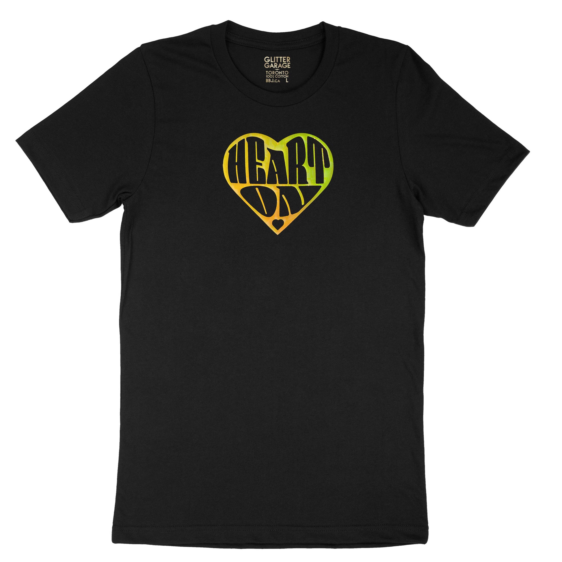 Black unisex cotton t-shirt with "heart on" heart-shaped graphic in tropical gold holographic vinyl by BBJ / Glitter Garage