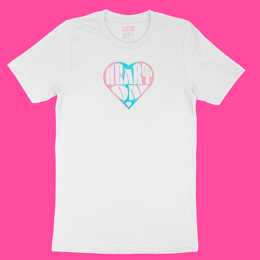 White unisex cotton t-shirt with "heart on" heart-shaped graphic in holographic pearl vinyl by BBJ / Glitter Garage