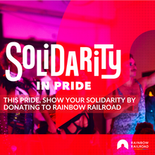 Load image into Gallery viewer, Solidarity in Pride graphic from Rainbow Railroad. More info at https://donate.rainbowrailroad.org/campaign/rainbow-railroad-pride-2023/c488869
