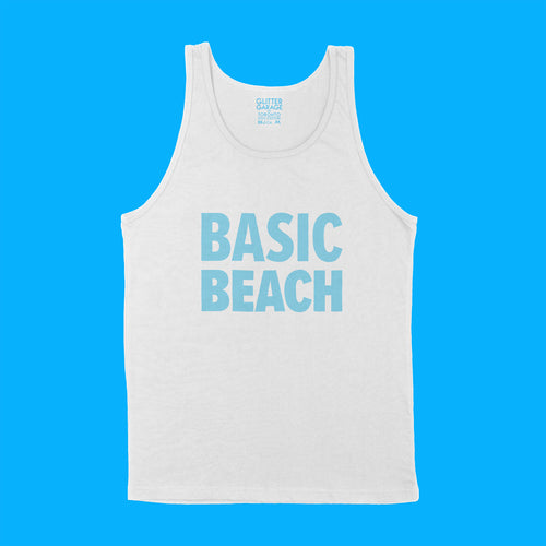 Custom text tank sample - Basic Beach - pale blue TALL text - USE YOUR WORDS white unisex tank shirt by BBJ / Glitter Garage