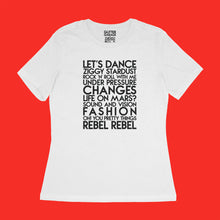 Load image into Gallery viewer, David Bowie song titles - house - black galaxy glitter text on white women&#39;s t-shirt - Customizable YourTen David Bowie tee by BBJ / Glitter Garage
