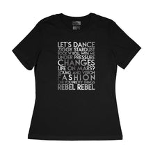 Load image into Gallery viewer, David Bowie song titles - house - black silver chrome text on black women&#39;s t-shirt - Customizable YourTen David Bowie tee by BBJ / Glitter Garage
