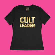 Load image into Gallery viewer, Custom tee sample - &quot;cult leader&quot; metallic gold on black women&#39;s relaxed fit cotton t-shirt by BBJ / Glitter Garage
